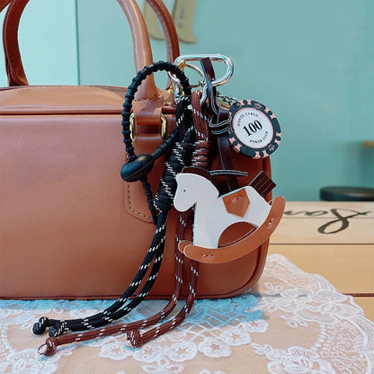 Leather Rocking Horse Bag Charm Keychain with Braided Rope & Poker Chip Pendant