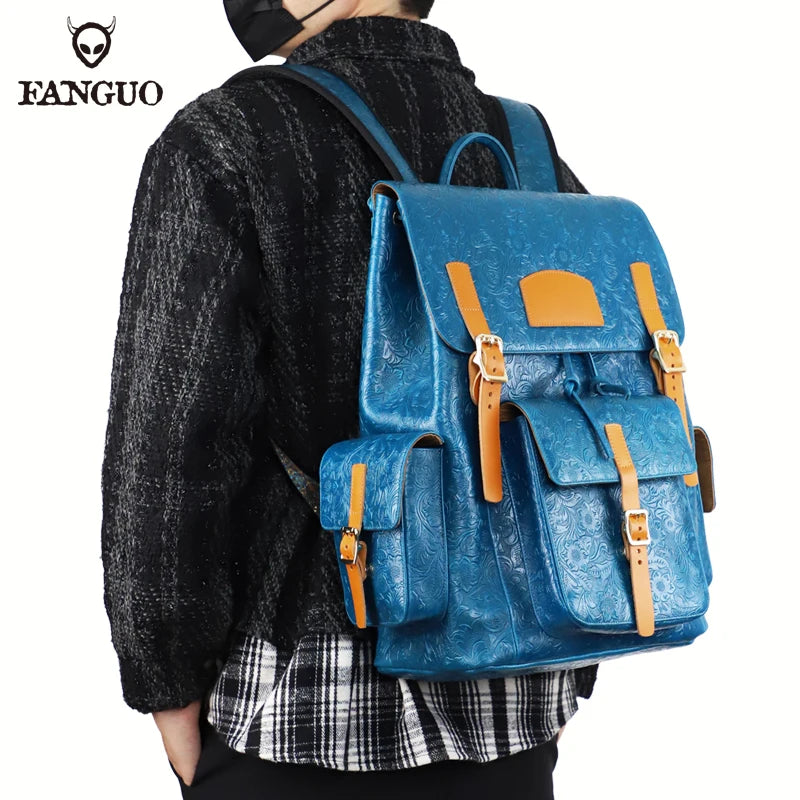 Genuine Leather Men's Backpack – Vintage Floral Embossed Laptop Bag