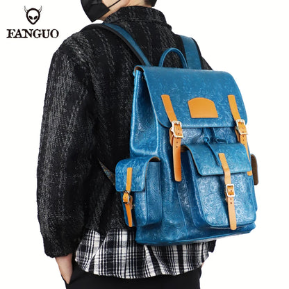Genuine Leather Men's Backpack – Vintage Floral Embossed Laptop Bag