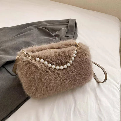 Plush Faux Fur Crossbody Bag with Pearl Chain Strap