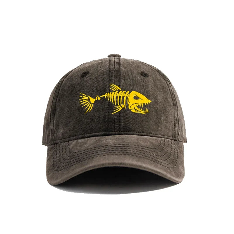 Fishbone Skeleton Baseball Cap – Distressed Dad Hat for Fishing