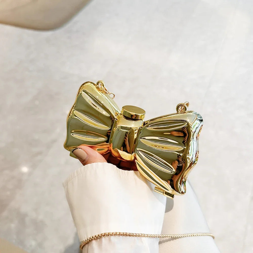 Bow-Shaped Evening Clutch Bag – Gold & Silver Chain Purse