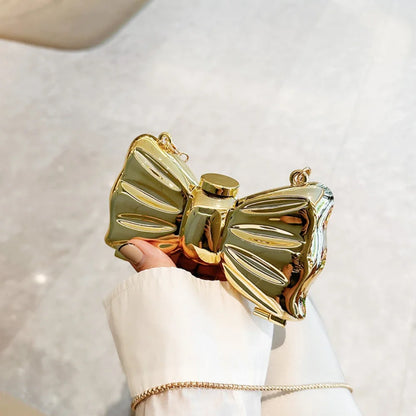 Bow-Shaped Evening Clutch Bag – Gold & Silver Chain Purse