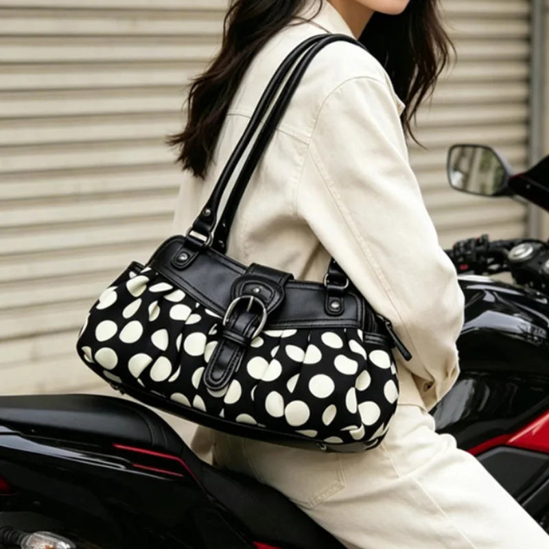 Polka Dot Shoulder Bag – Vintage Y2K Pleated Handbag with Belt Buckle