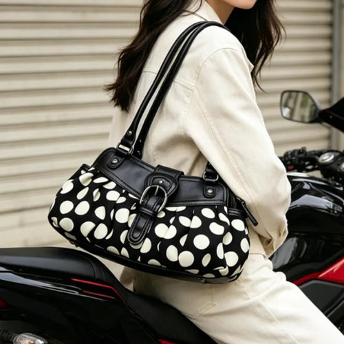 Polka Dot Shoulder Bag – Vintage Y2K Pleated Handbag with Belt Buckle