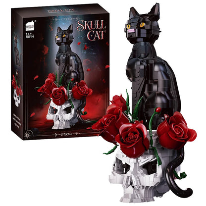 Gothic Skull Cat & Roses Building Blocks Set – MOC Decor Model