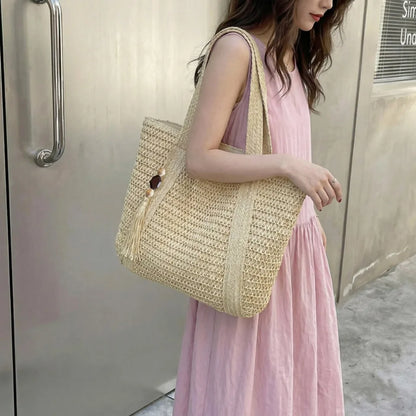 Woven Straw Beach Tote Bag for Women – Large Boho Shoulder Handbag