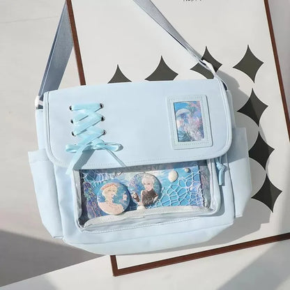 Canvas Crossbody Bag Kawaii Lace-Up Flap Shoulder Bag with Card Display