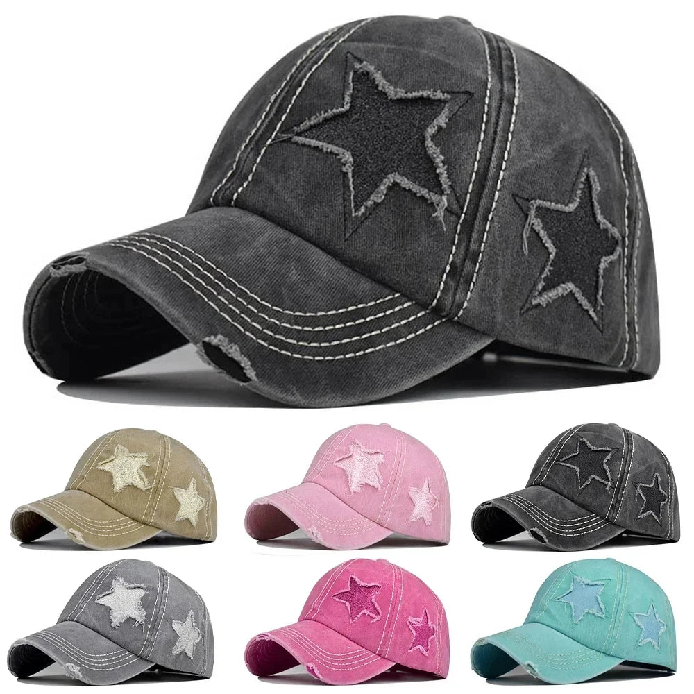 Retro Y2K Star Washed Denim Baseball Cap – Snapback Hat for Men & Women