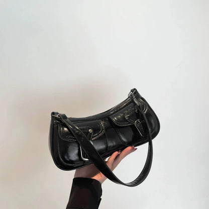 Women's Retro Leather Shoulder Bag with Buckle Detail