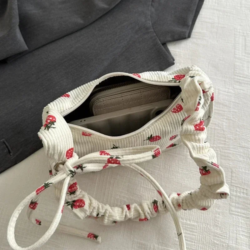 Strawberry Print Corduroy Shoulder Bag – Cute Women's Underarm Tote