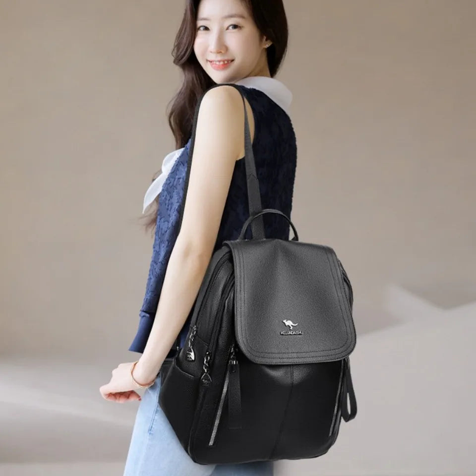 Women's PU Leather Backpack – Large Capacity Multi-Pocket School Bag