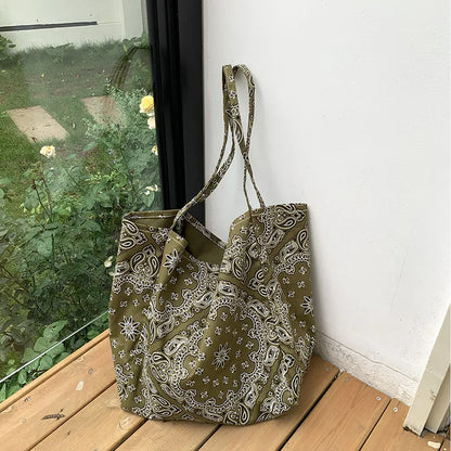 Retro Cashew Flower Shoulder Bag Student Canvas Large Capacity Handbag Casual Tote Woman