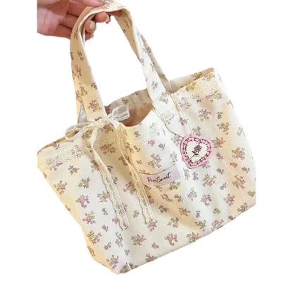 Large Capacity Floral Canvas Tote Bag with Lace Bow