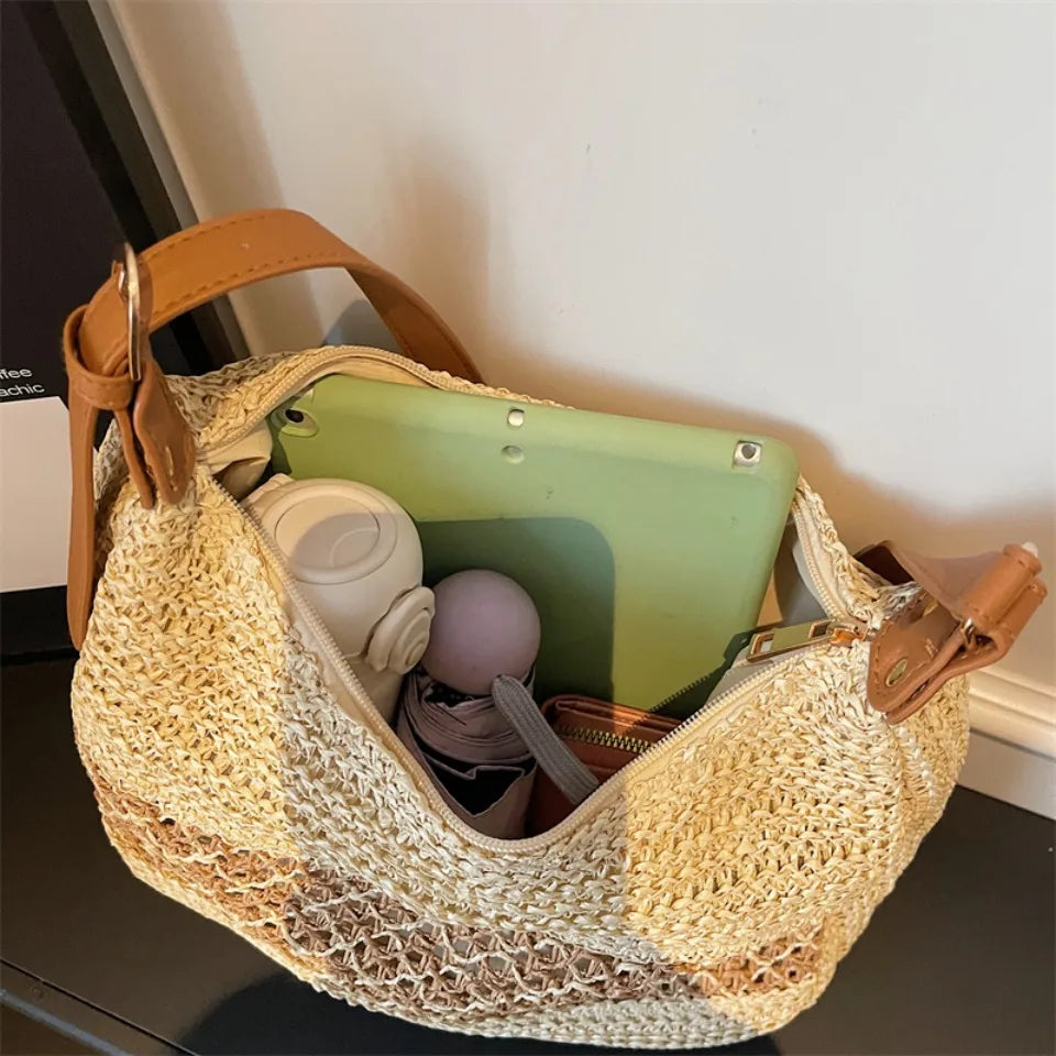 Women's Handmade Straw Beach Bag – Large Hollow Mesh Shoulder Bag