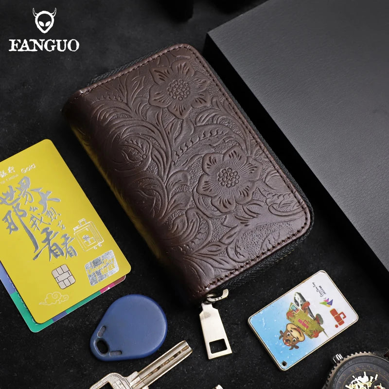 Genuine Leather Key Wallet – Floral Embossed Zipper Pouch with Card & Coin Slots