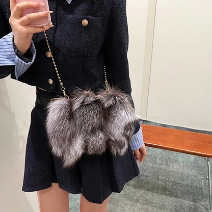 Women's Fluffy Faux Fur Crossbody Bag – Gold Frame Pearl Chain Handbag