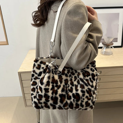 Leopard Print Fluffy Tote Bag – Women's Large Faux Fur Handbag
