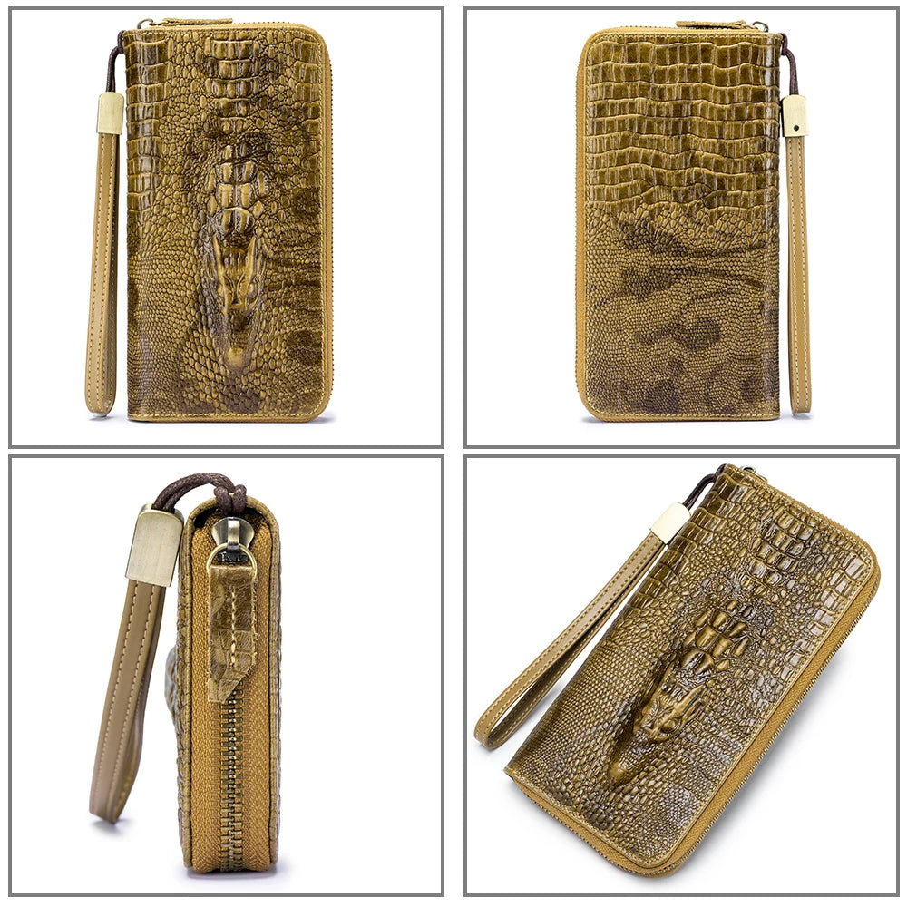 Crocodile Pattern Genuine Leather Long Zipper Wallet