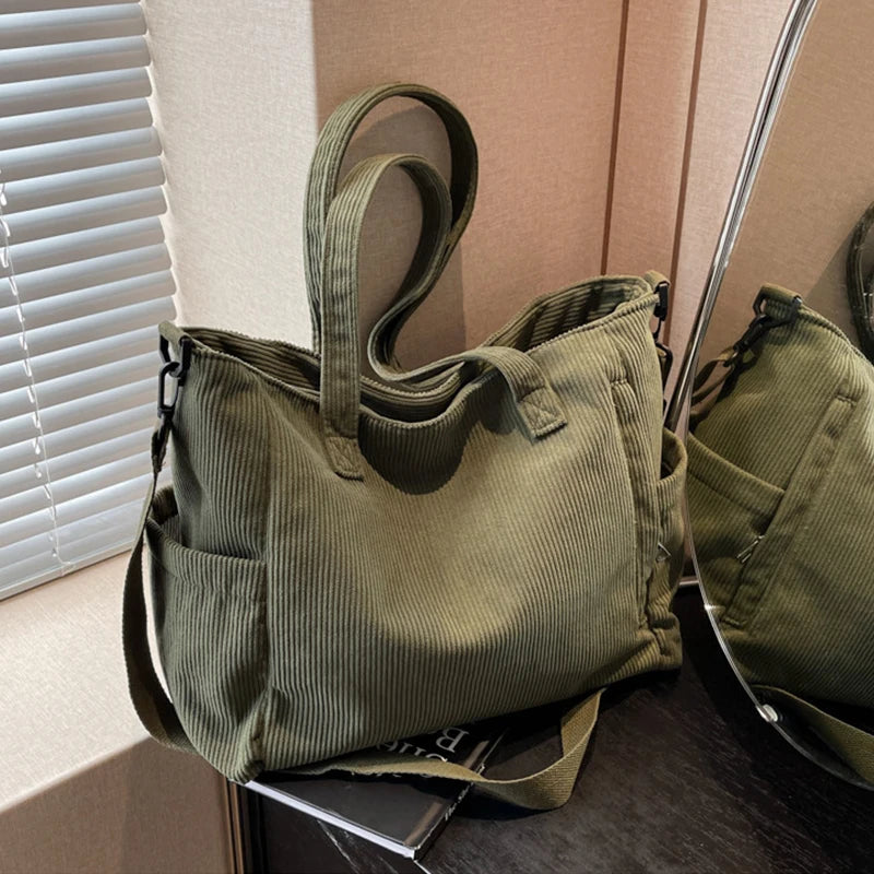 Corduroy Tote Bag for Women – Multi-Pocket Crossbody Shoulder Bag