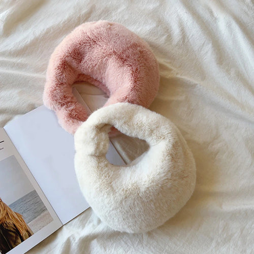 Plush Half Moon Bag – Fluffy Top Handle Clutch for Women