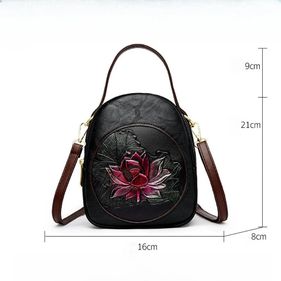 Lotus Embossed Leather Crossbody Bag – Mini Vintage Shoulder Bag