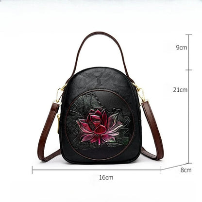 Lotus Embossed Leather Crossbody Bag – Mini Vintage Shoulder Bag