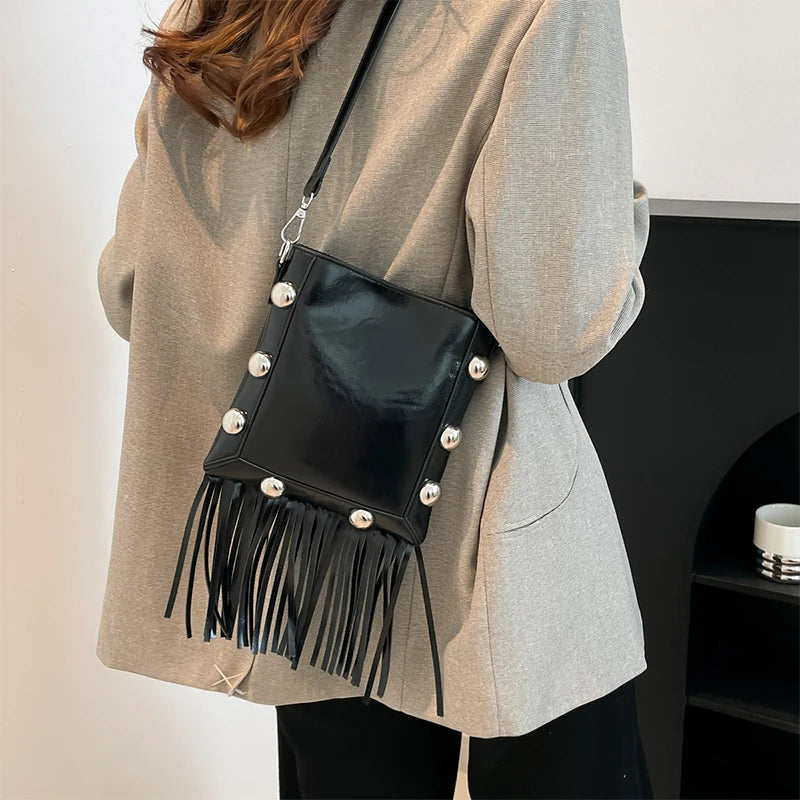 Tassel Rivet Shoulder Bag for Women – Compact Phone Purse