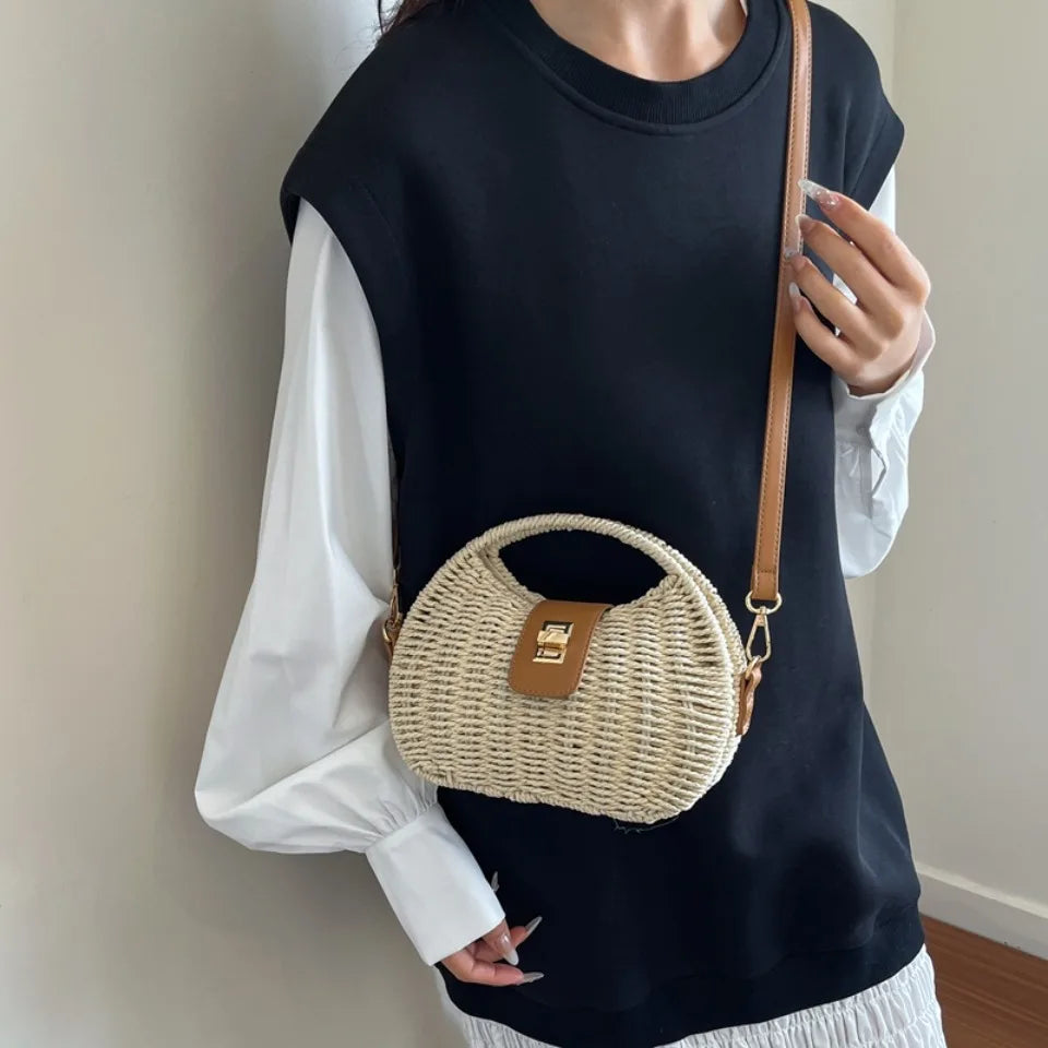 Rattan Woven Half Moon Crossbody Bag – Women's Straw Shoulder Bag