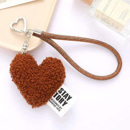 Plush Heart Keychain Bag Charm with Bow & Wrist Lanyard