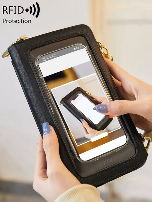 Touchscreen Crossbody Phone Wallet for Women – Zipper Purse with Clear Window
