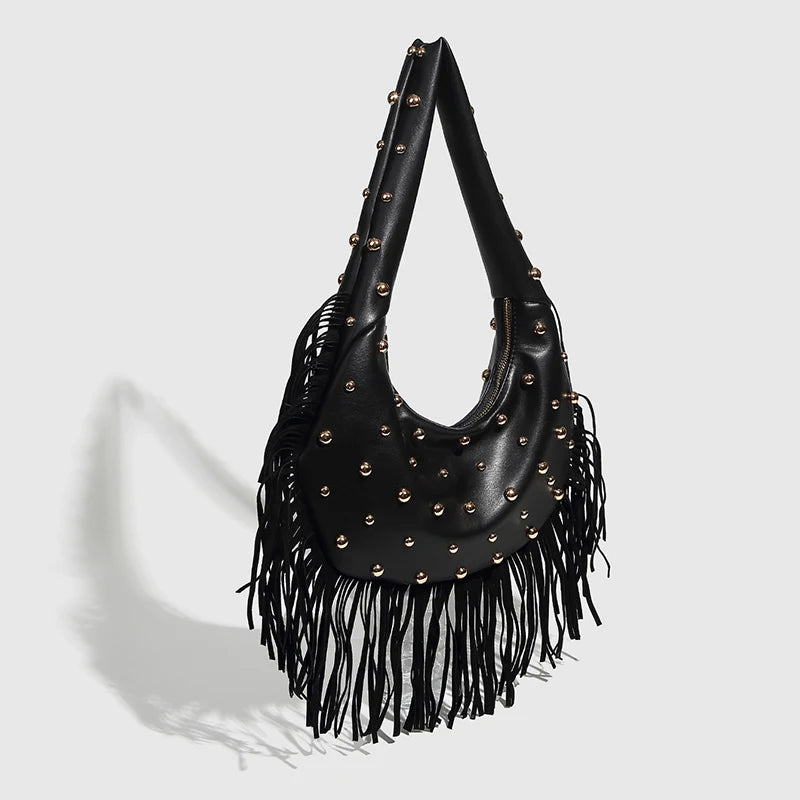 Fringe & Rivet Leather Shoulder Bag – Boho Crossbody Hobo