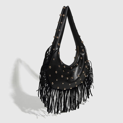Fringe & Rivet Leather Shoulder Bag – Boho Crossbody Hobo