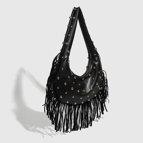 Fringe & Rivet Leather Shoulder Bag – Boho Crossbody Hobo