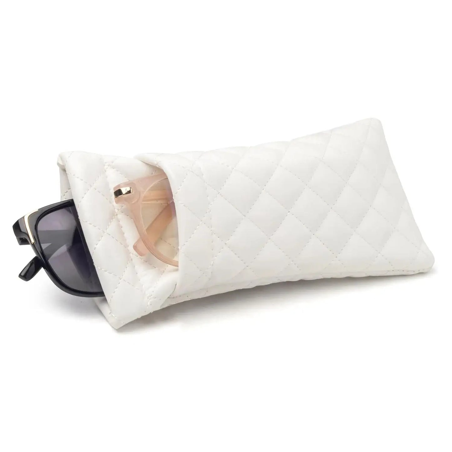 Soft PU Leather Double Glasses Case – Quilted Argyle Squeeze-Top