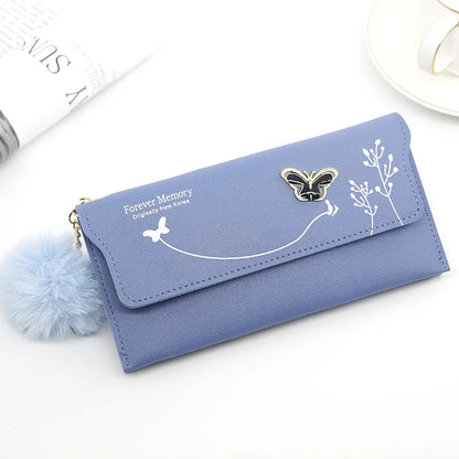 Women's Long Wallet – Butterfly PU Leather Purse with Pom-Pom