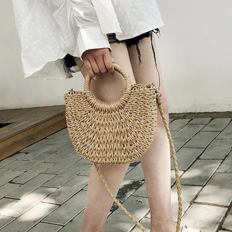Moon-Shaped Straw Handbag – Handmade Women Beach & Crossbody Bag