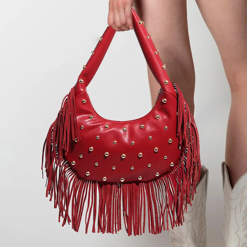 Fringe & Rivet Leather Shoulder Bag – Boho Crossbody Hobo