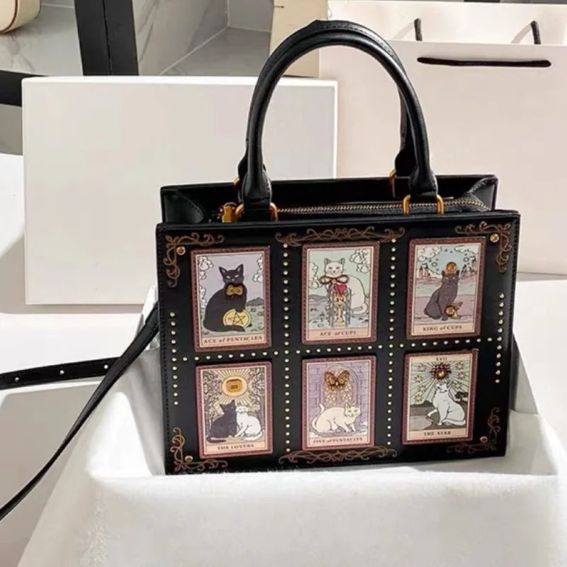 Retro Cat Square Shoulder Bag – Women's Top Handle Tote Briefcase