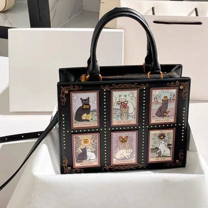Retro Cat Square Shoulder Bag – Women's Top Handle Tote Briefcase