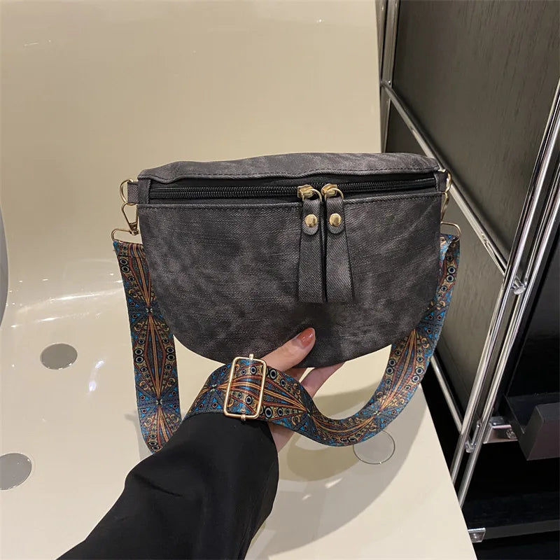 Women's PU Leather Crossbody Bag with Wide Boho Strap