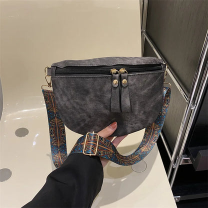 Women's PU Leather Crossbody Bag with Wide Boho Strap