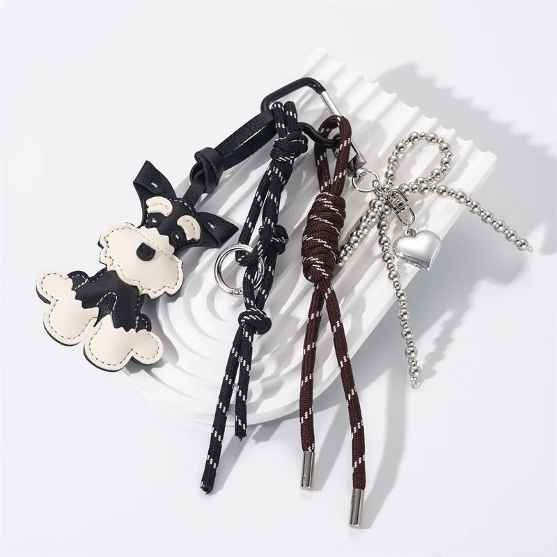 Schnauzer Dog Keychain – Handmade Rope Bag Charm with Bow Pendant
