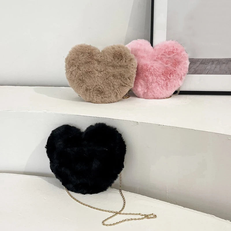 Plush Heart Crossbody Bag – Women's Fluffy Chain Shoulder Bag