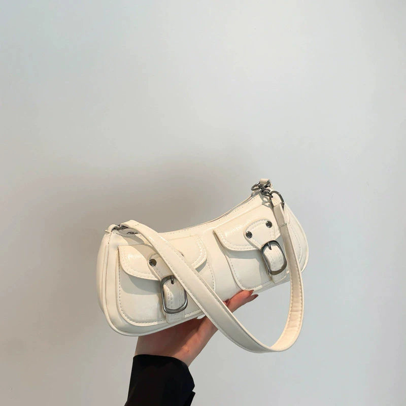Women's Retro Leather Shoulder Bag with Buckle Detail