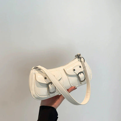 Women's Retro Leather Shoulder Bag with Buckle Detail