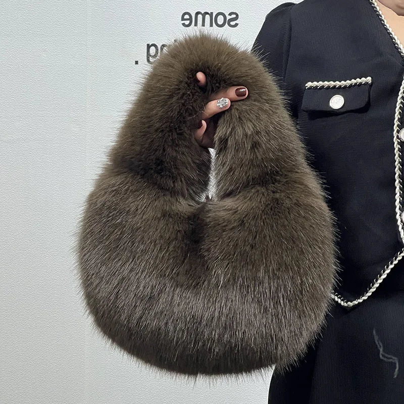 Fluffy Faux Fur Half Moon Bag – Women's Luxury Small Tote