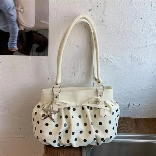 Polka Dot Ruched Hobo Bag – Large Shoulder Bag with Star Charm