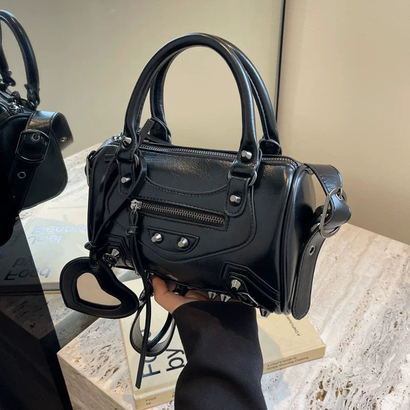 Mini Leather Cylinder Bag – Rivet Crossbody Handbag for Women
