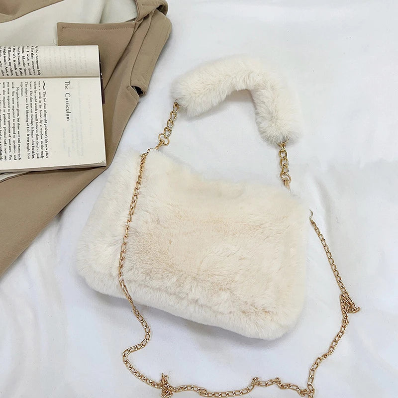 Faux Fur Crossbody Bag for Women – Fluffy Plush Chain Shoulder Purse